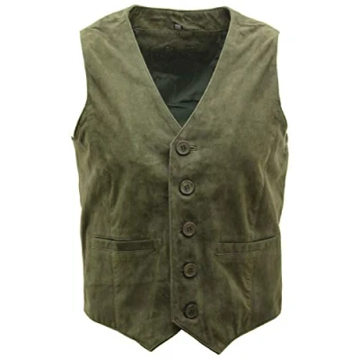 Image of Men&#039;s Smart Real Suede Leather Green Gilet Waistcoat Biker Fashion Vest 2XL