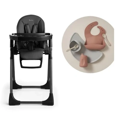 Image of Silver Cross Gourmet Highchair with Mealtime Set &amp; Silicone Tray Baby Chair Portable Newborns to 3 Years Black