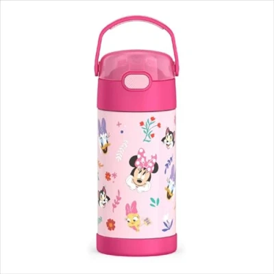 Image of THERMOS FUNTAINER Water Bottle with Straw 12 Ounce, Minnie Mouse Kids Stainless Steel Vacuum Insulated Lid