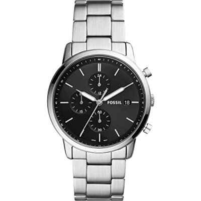 Image of Fossil Watch for Men Minimalist Chrono, Quartz Chronograph Movement, 42 mm Silver Stainless Steel Case with a Leather Strap, FS5850