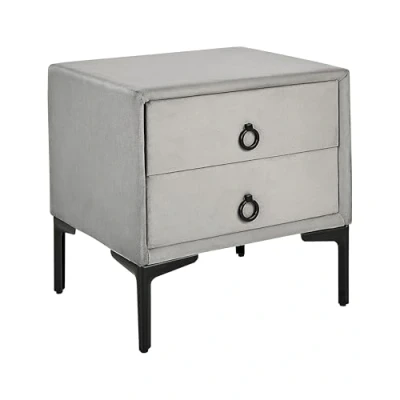 Image of Velvet Bedside Table Nightstand Grey 2 Storage Drawers Black Metal Legs Sezanne