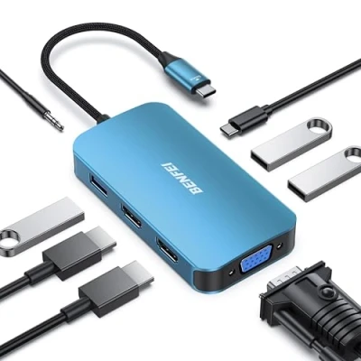 Image of BENFEI USB C MST HUB 8in1 with to 2*HDMI/1*VGA, 3*USB 3.0/100W Power Delivery/3.5mm Aux Audio, Compatible iPhone 15 Pro/Max, MacBook Pro 2023/2022/2021/2020, Surface Book and More