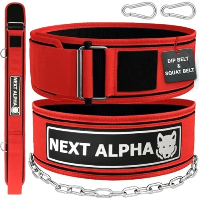 Image of Next Alpha Weightlifting Belt &amp; Dip Combination Custom Weight Lifting for Men and Women Self Locking Quick Release Buckle With Chain Red Small