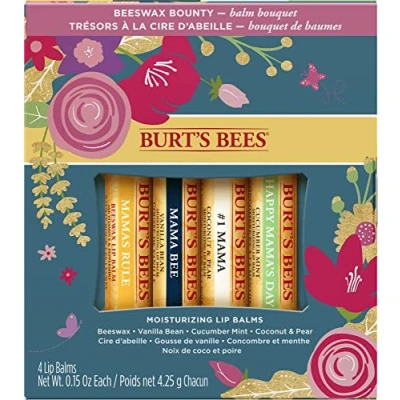 Image of Burt&#039;s Bees Lip Balm Gift Set For Women, Mothers Day Set, Beeswax, Vanilla Bean, Coconut &amp; Pear, Cucumber Mint, Bouquet, 4x4.25g