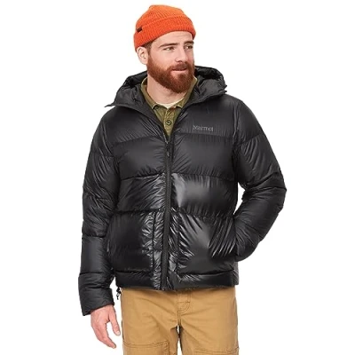 Image of Marmot Men&#039;s Guides down Hoody, Lightweight jacket, warm winter puffy, water repellent quilted coat, windproof functional packable outdoor jacket with hood, Black, L
