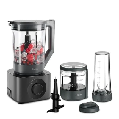 Image of Haier Series 7 Kitchen Machine Food Blender, 6 Automatic Programs: Chop, Blend, Ice Crush, Cream, Knead &amp; PreClean, 10 Speeds, Pulse, Includes Jug, Chopper Bowl Travel 1200W [Grey]