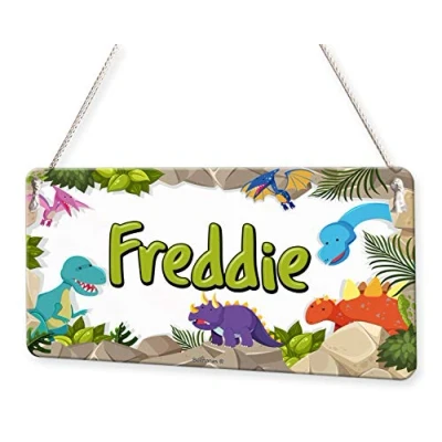 Image of Beenanas Happy Dinosaur Border Personalised Childs Bedroom Door Sign Name Plaque