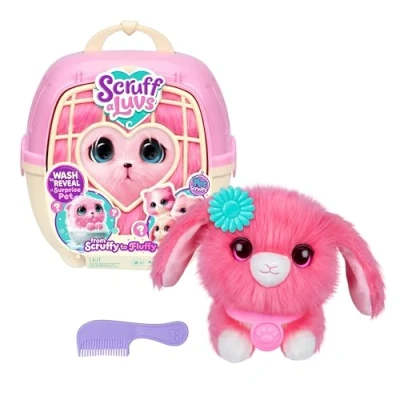 Image of ScruffaLuvs Pet Scruffs Pink Mystery Plush Toy, 7.5&quot; Tall Wash to Reveal 1 of 3 Rescue Pets: Puppy, Bunny, or Kitty Includes 8.7&quot; Deluxe Carrier