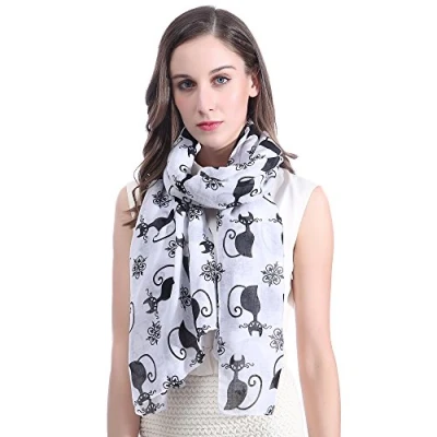 Image of Lina &amp; Lily Cat Kitten Print Women&#039;s Large Scarf Lightweight (White and Black)(Size: One Size)