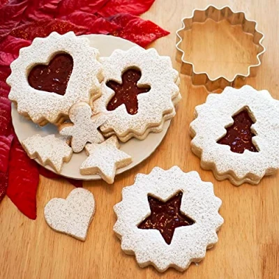 Image of Christmas Linzer Cookie Cutters 5 Pc. Set Made in USA by Ann Clark, Fluted Circle, Mini Heart, Tree, Star, Gingerbread Man
