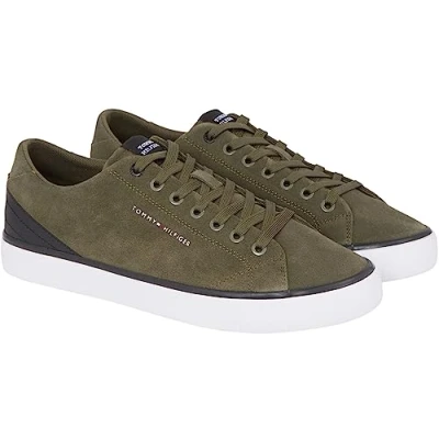 Image of Tommy Hilfiger Men Trainers Core Low Suede Shoes Vulcanised, Green (Army Green), 6.5 UK