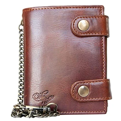 Image of FLW Men&#039;s RFID Large Genuine Leather Biker&#039;s Wallet with Metal Chain to Hang Scorpion Embossed