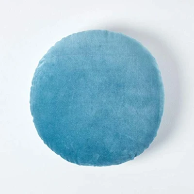 Image of HOMESCAPES Blue Round Velvet Cushion Super Soft Cotton Luxury Filled Scatter Thick Plain Accent Throw Pillow for Sofa and Bed Decoration, 40cm (15&quot;) Diameter