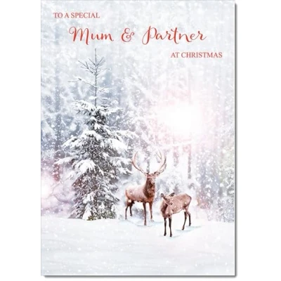 Image of doodlecards Mum &amp; Partner Christmas Card Deer in Snow Forest Medium Size with Plain Envelope