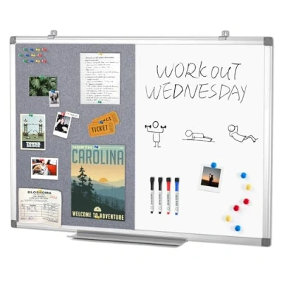 Image of Magnetic Whiteboard Combination Fabric Pin Noticeboard Office Home School with Dry Erase Pen + 6 Pins,Gray,90x60cm