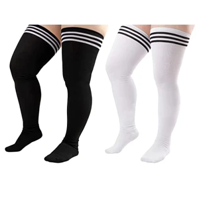 Image of DRESHOW Women 3 Pack Plus Size Extra Long Thigh High Socks Striped Over Knee Boot Stockings Tube Leg Warmers