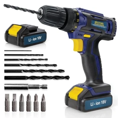 Image of Skotek Cordless Drill Driver 18V Lithium Ion, 13Pc Electric Screwdriver Set, LED Work Light, Quick Change Power Battery with Charger &amp; 2 Batteries Included