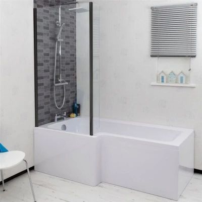 Image of Ceramica L Bath Bundle 1600mm Left Hand Including Black Shower Screen and Front &amp; End Panels