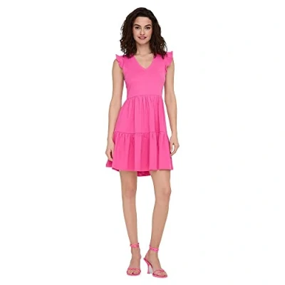 Image of ONLY Women&#039;s Onlmay Cap Sleev Fril Dress Box JRS Noos, Shocking Pink, L