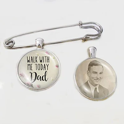 Image of Personalised Wedding Bouquet Photo Bridal Charm With Lapel Pin Bride Remembering the Father of Boutonniere Custom Memory Memorial Keepsake Quote Dad Walk Me (Floral)