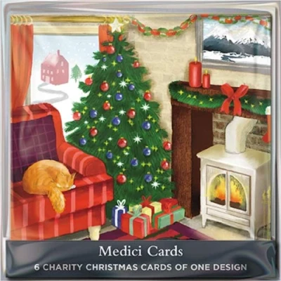 Image of Pack of 6 Artistic Charity Christmas Cards From Medici Kip, Cosy Lounge Scene Sold in Aid Diabetes, Dog’s Trust, Marie Curie, RHS, Oxfam and Parkinson’s MED CHMT0020
