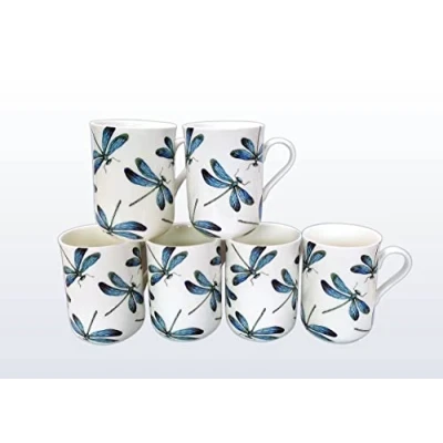 Image of heritage Set of 6 Dragonfly Mugs FINE Bone China Curved with Free UK DELIVERY