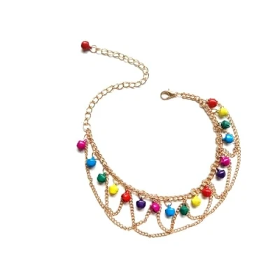 Image of Faruodis Jingle Bells Anklet Bracelet Colorful Tassels Boho Layered Beach Foot Chain Adjustable Jewelry for Women (Gold)