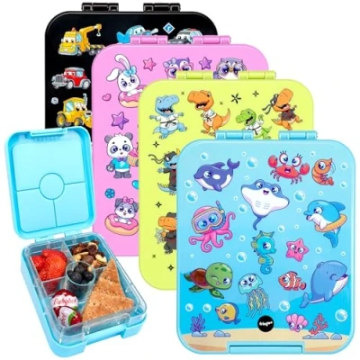Image of Fringoo Bento Box Lunch Leak Proof, 650ml Capacity, 4 Compartments, BPA Free, Blue Sea World Design