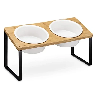 Image of Navaris Double Dog Bowls and Stand Set of 2 Pet for Food Water in Raised Feeder Holder Cats or Dogs Twin Dishes Elevated Feeding Station