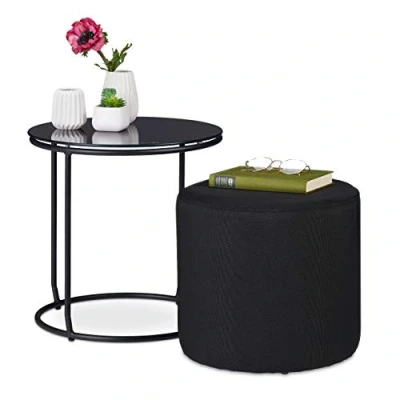 Image of Relaxdays Side Table with Stool, Round Coffee Counter Space saving, Glass &amp; Metal, HxD: 40 x cm, Black