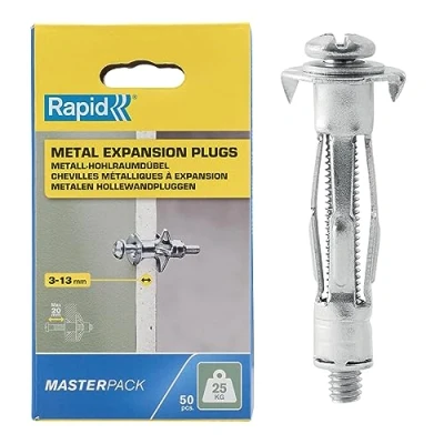 Image of Rapid Hollow Wall Anchors, Pack of 50 Heavy Duty Metal Plasterboard Fixings for 3 13 mm Thickness, 25 kg Load, Cavity Fixings, Plugs, &amp; Chipboard Plugs (5001560)