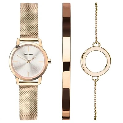 Image of Sekonda Ladies 28mm Gift Set Watch, Rose Gold Case &amp; Stainless Steel Mesh Bracelet with Silver Dial 49007