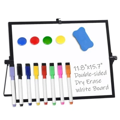 Image of Dry Erase Whiteboard with Stand, 40X30CM Small Double Sided Magnetic Whiteboard, A3 Mini 8 Pens, 1 Eraser,4 Magnet, Portable Easel for Home, Office, Remote Learning