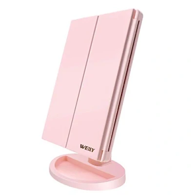 Image of WEILY Lighted Vanity Makeup Mirror 1x/2x/3x Magnification Trifold with 36 LED Lights Touch Screen and USB charging, 180 Degree Adjustable Stand for Countertop Cosmetic Mirror(Pink)