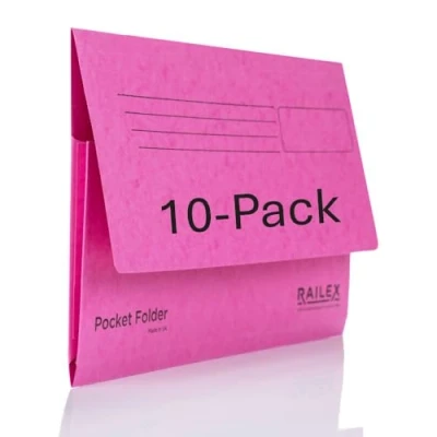 Image of Railex Pocket Folder Foolscap Document Wallets Cerise Folders for Paperwork A4 and A4+, Recycled Board File Wallet, Premium Filing Office Home Pack of 10