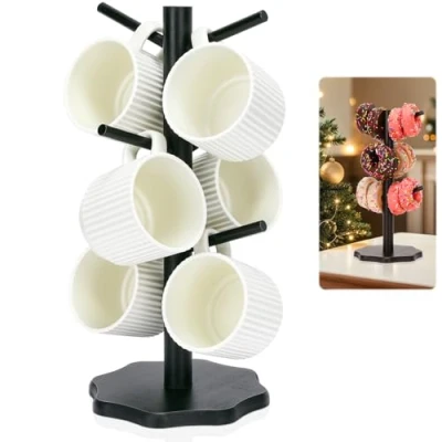 Image of Euqvunn Mug Tree 6 Mugs, Wooden Cup Holder Black with Thickened Base, Kitchen Countertop Coffee Storage Rack Hooks