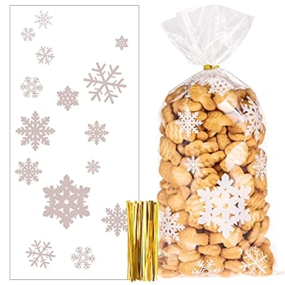 Image of 100pcs Christmas Cellophane Sweets Bags, Clear Xmas Party Treat Bags with 200pcs Twist Ties for Popcorn Candies Cookies Wrapping