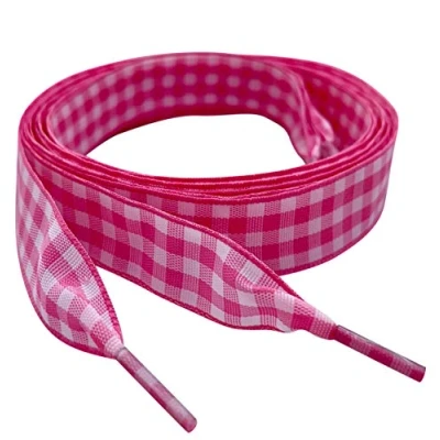 Image of Pink gingham 120cm Checkers Patterned Shoelaces My Ribbon Lacesª Flat Shoe laces For Trainers, Boots &amp; Shoes