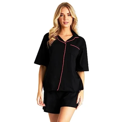 Image of Womens Pyjamas Summer Nightwear 2 Piece 100% Cotton Button Down Short PJs for Women Sets Soft Breathable Lounge Wear Cute Sizes S XL Sleeve Sleepwear (Black, S)