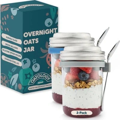 Image of Overnight Oats Jar Container with Lid Glass Breakfast Mason Jars Containers Spoon Set Chia Pudding Granola Yoghurt Cereal Fruit Porridge Pots Lids Meal Prep Work 350ml 2pk