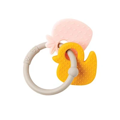 Image of Nattou 2 in 1 Animal Teether Ring + Rattle, BPA Free Silicone Teething Soother, Easy To Grab/Hold For Newborn, Wipe Clean, 6 Months+, Strawberry &amp; Duck Grey