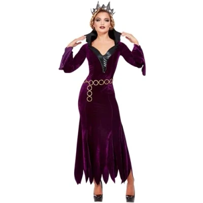 Image of Smiffys Evil Queen Costume, Purple Dress, Belt &amp; Crown, Halloween Twisted Fairytale Fancy Storybook Character Dress Up Costumes