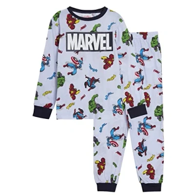 Image of Marvel Boys Avengers Pyjamas Kids Full Length Pjs Hulk Spiderman Captain America Iron Man Nightwear Set Light Blue 10 Years