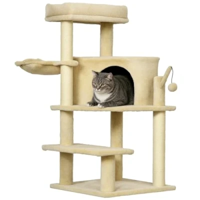 Image of PawHut Cat Tree Tower for Indoor Cats Scratching Post 100cm Climbing Frame Kitten Activity Centre with Sisal Condo Hammock Bed Hanging Toy, Cream White