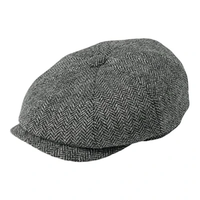 Image of Gamble &amp; Gunn &#039;Ramsden&#039; Flat Cap Grey Herringbone Shetland Tweed 8 Panel Button Top (59cm)