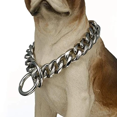 Image of Heavy Duty Choke Cuban Chain Dog Collar for Large Dogs 19 mm Extra Wide, Strong Steel Metal Links Big Breeds Rottweiler, Pitbull, Mastiff, Cane Corso, Doberman, Great Dane,Silver,26inch/66cm