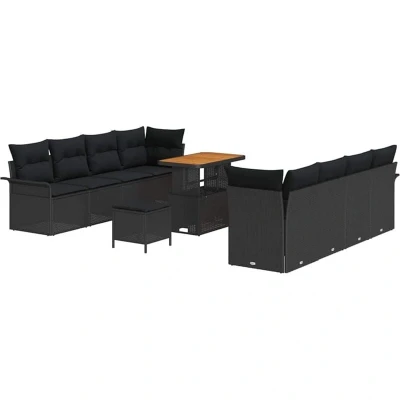 Image of vidaXL 11 Piece Garden Sofa Set with Cushions Black Poly Rattan Acacia