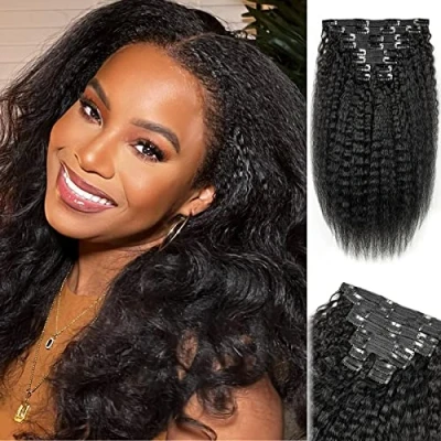Image of JIAMEISI 10Pcs Afro Kinky Straight Clip In Hair Extensions Remy Human 18inch/120g Coarse Italian Yaki Real Ins Enough for Full Head Natural Black