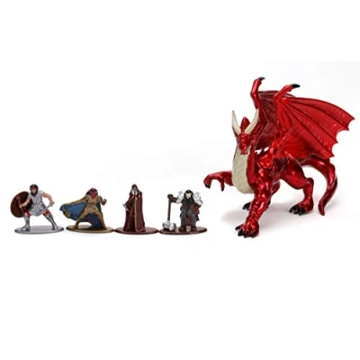 Image of Jada Toys 253254000 Dungeons &amp; Dragons Deluxe, Nano Collectible Figures from Die Cast, Human Fighter, Lowling Paladin, Drow Elf Rogue, Dwarf Cleric, Young Red, Toy Figures, 5 Pieces/Set, 4 cm, One
