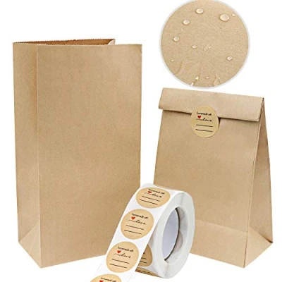 Image of Vandicka 100 Pcs Brown Kraft Paper Bags and Stickers, Greaseproof Food for Sandwich Lunch Snack Grocery, Candy Goodie Treat Bags, Birthday Wedding Christmas Party Gift 240x130x80 mm